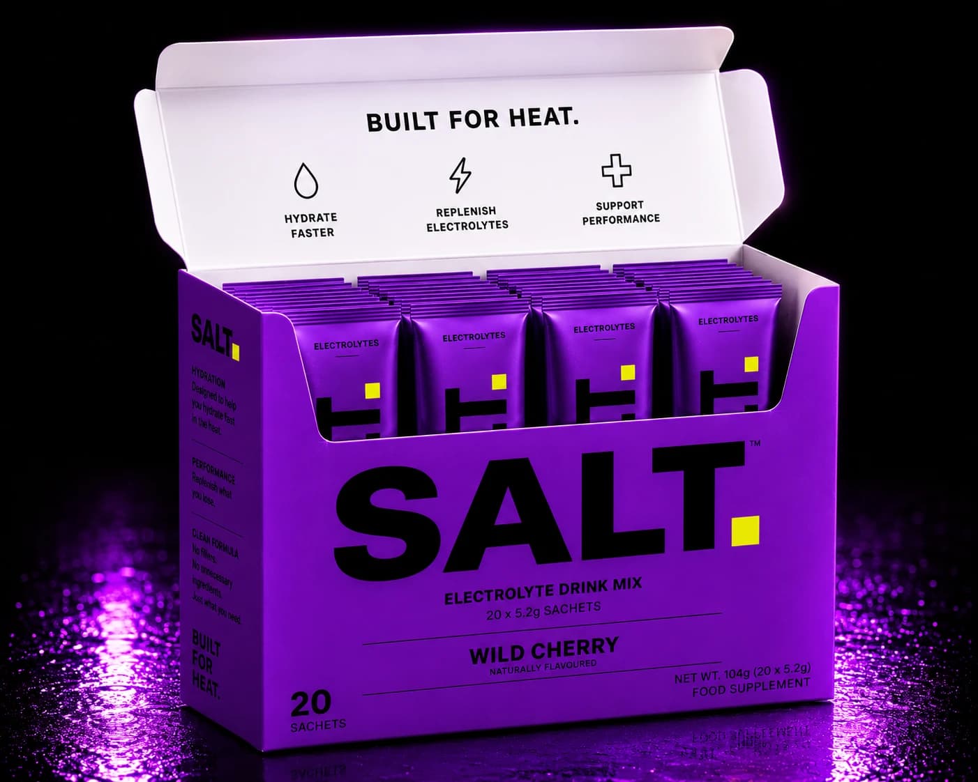 SALT Wild Cherry — box of 20 single-serve electrolyte sachets.